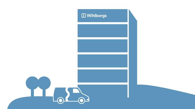 An Illustration of an office building with a Wihlborgs branded car in front.