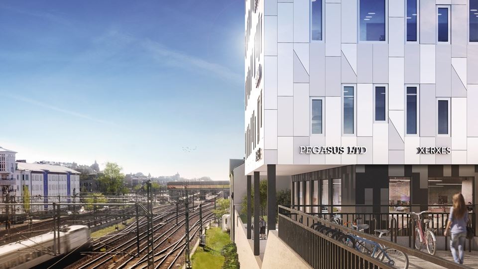 Överblick vid Sockerbiten i Lund, utsikt över järnvägsspåren