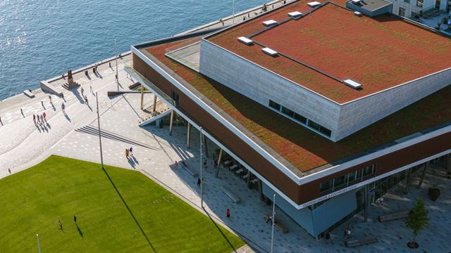 Bild på byggnad precis bredvid vattnet med litet grönområdet