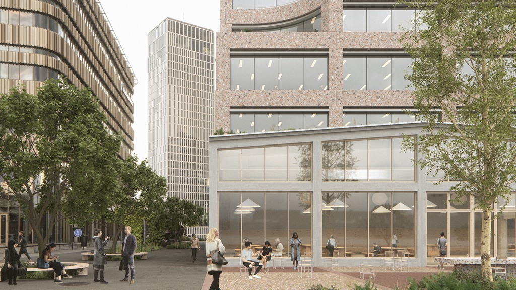 Visionsbild av fastigheten. Människor i rörelse runtomkring