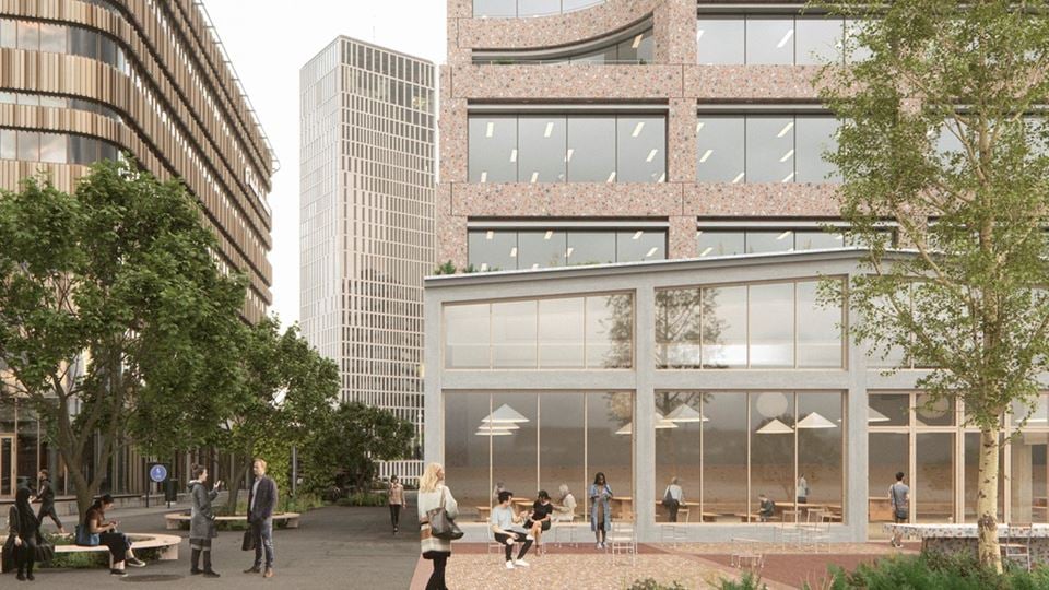 Visionsbild av fastigheten. Människor i rörelse runtomkring