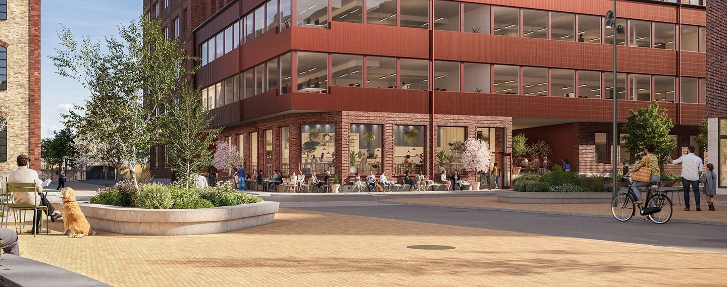 En Illustration av Posthornet i Lund, en mix av gammal tegelbyggnad och ny konstruktion.