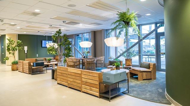 Entrén i fastigheten Node i Lund. Gröna väggar och bänkar i trä.