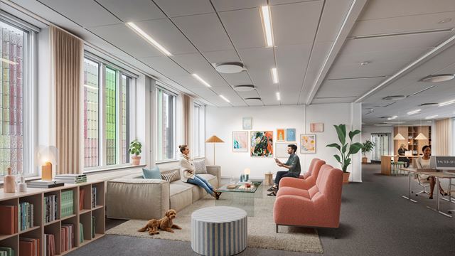 Fastigheten Origo, en interiör visionsbild av ett mysigt kontorslandskap