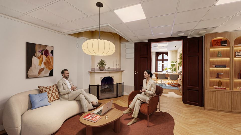 Visionsbild av kontorsmiljö med utsikt i Svea