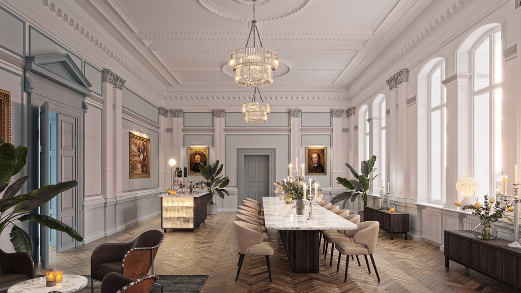 Del av Börhusets gula fasad, med kanalen i bakgrunden.