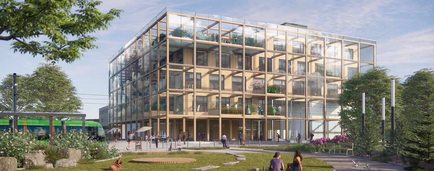 Träbyggnad med en glasfasad runt om, Innovationshuset Space i Lund.