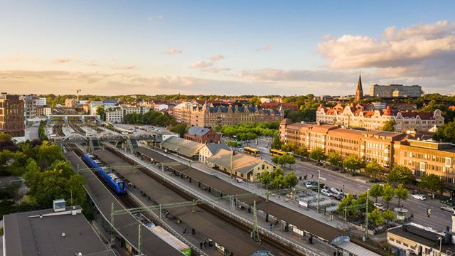 View of Lund city with the train tracks in the forefront.