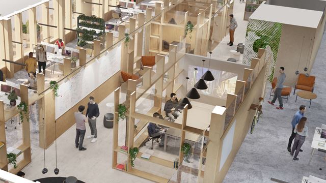 En visualisering av öppna arbetsplatser i Zenit.