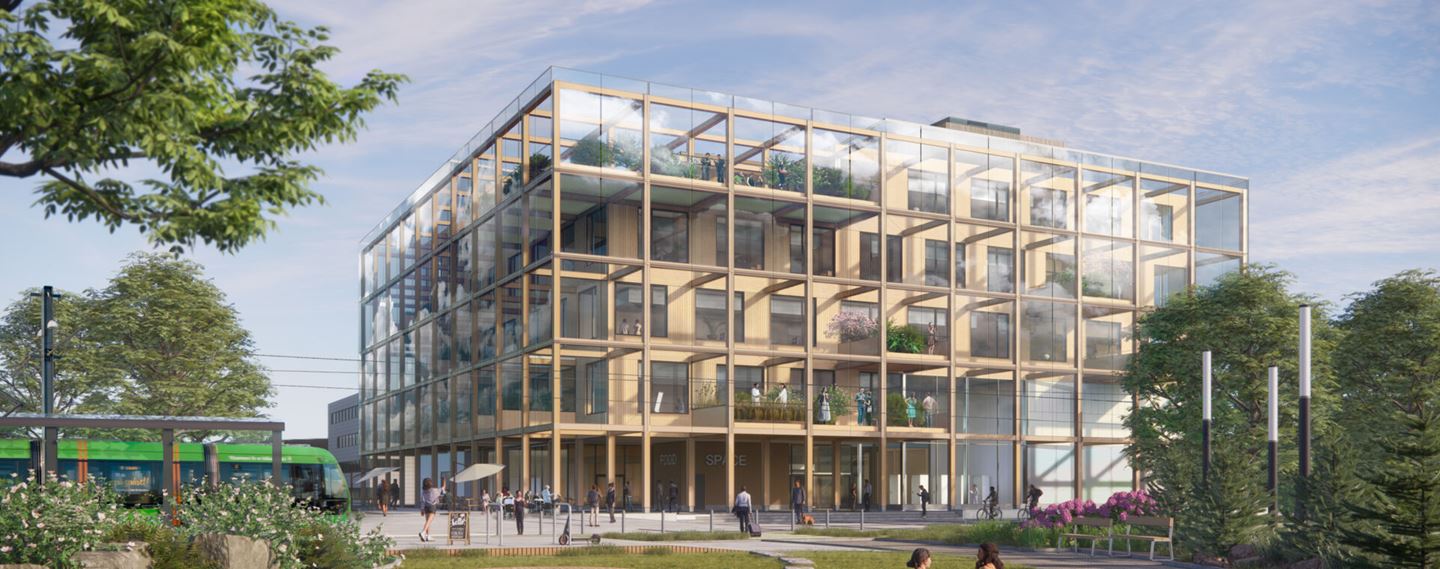 Träbyggnad med en glasfasad runt om, Innovationshuset Space i Lund.